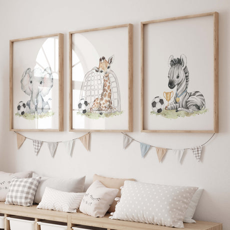 Set of 3 soccer print for neutral nursery decor.