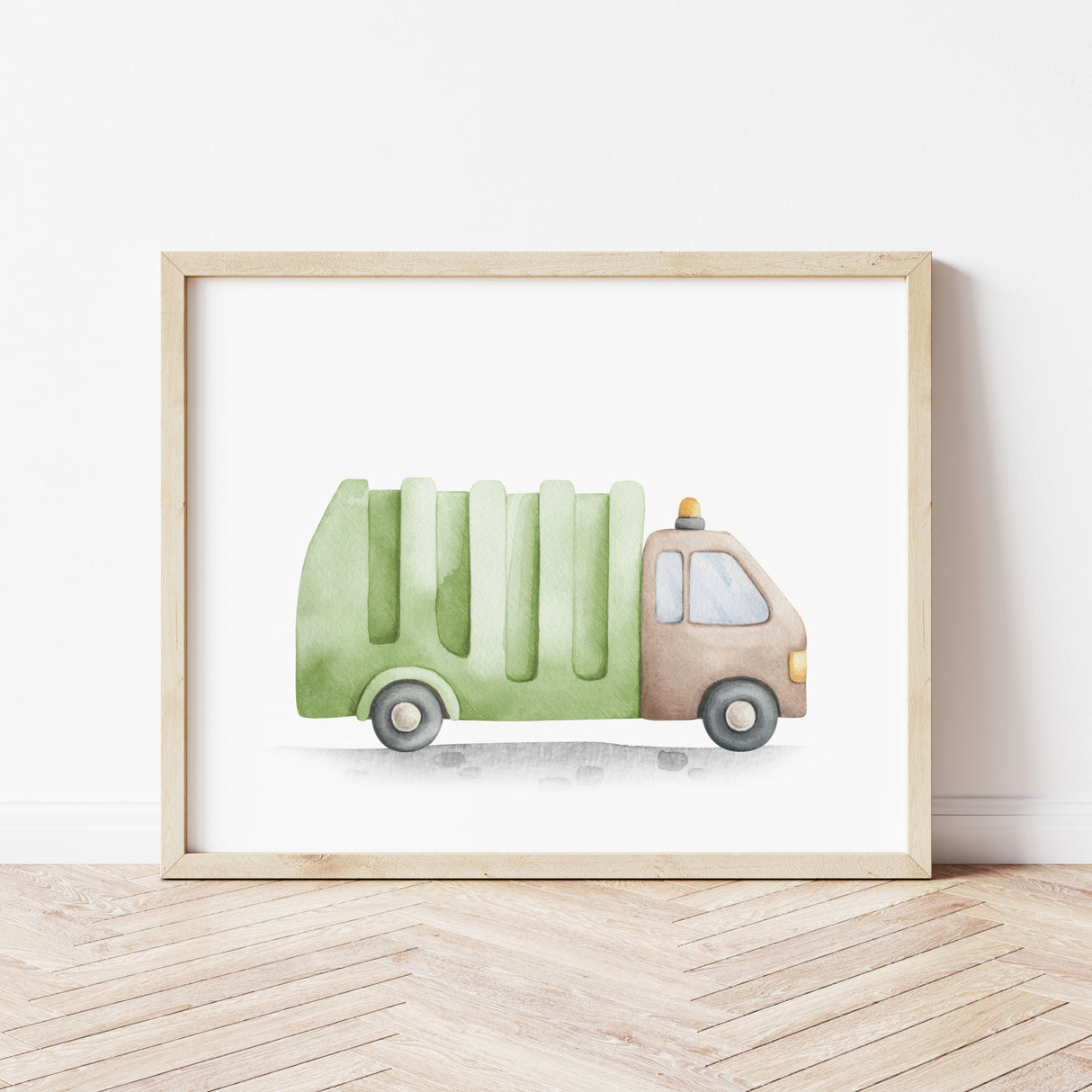 Watercolor trash truck print for toddler, boys and neutral nursery decor.