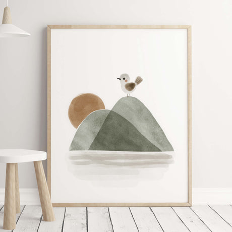 Watercolor boho woodland print with sage green and brown colors for neutral nursery decor.