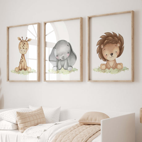 Set of 3 watercolor safari baby animals with elephant, lion and giraffe print for gender neutral nursery ideas and decor.