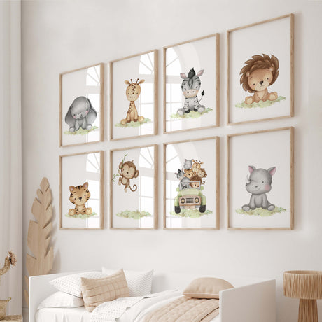 Set of 8 watercolor safari baby animals print for gender neutral nursery ideas and decor, includes: elephant, giraffe, zebra, lion, tiger, monkey, safari car with animals and rhino.