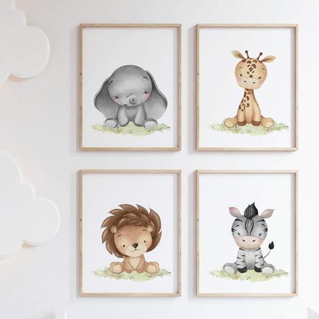 Set of 4 watercolor safari baby animals with zebra, elephant, lion and giraffe poster for gender neutral nursery ideas and decor.