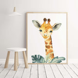 Watercolor giraffe print with leaves for gender neutral nursery decor, baby boys room decor, girls room decor, boho room decor.