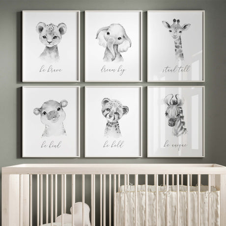 Set of 6 watercolor safari prrintable with inspirational quote in gray, black and white colors for gender neutral nursery decor, boho nursery decor, sage green nursery decor, includes: lion - be brave, Elephant - dream big, Giraffe - stand tall, Hippo - be kind, Zebra - be unique,  leopard - be bold.