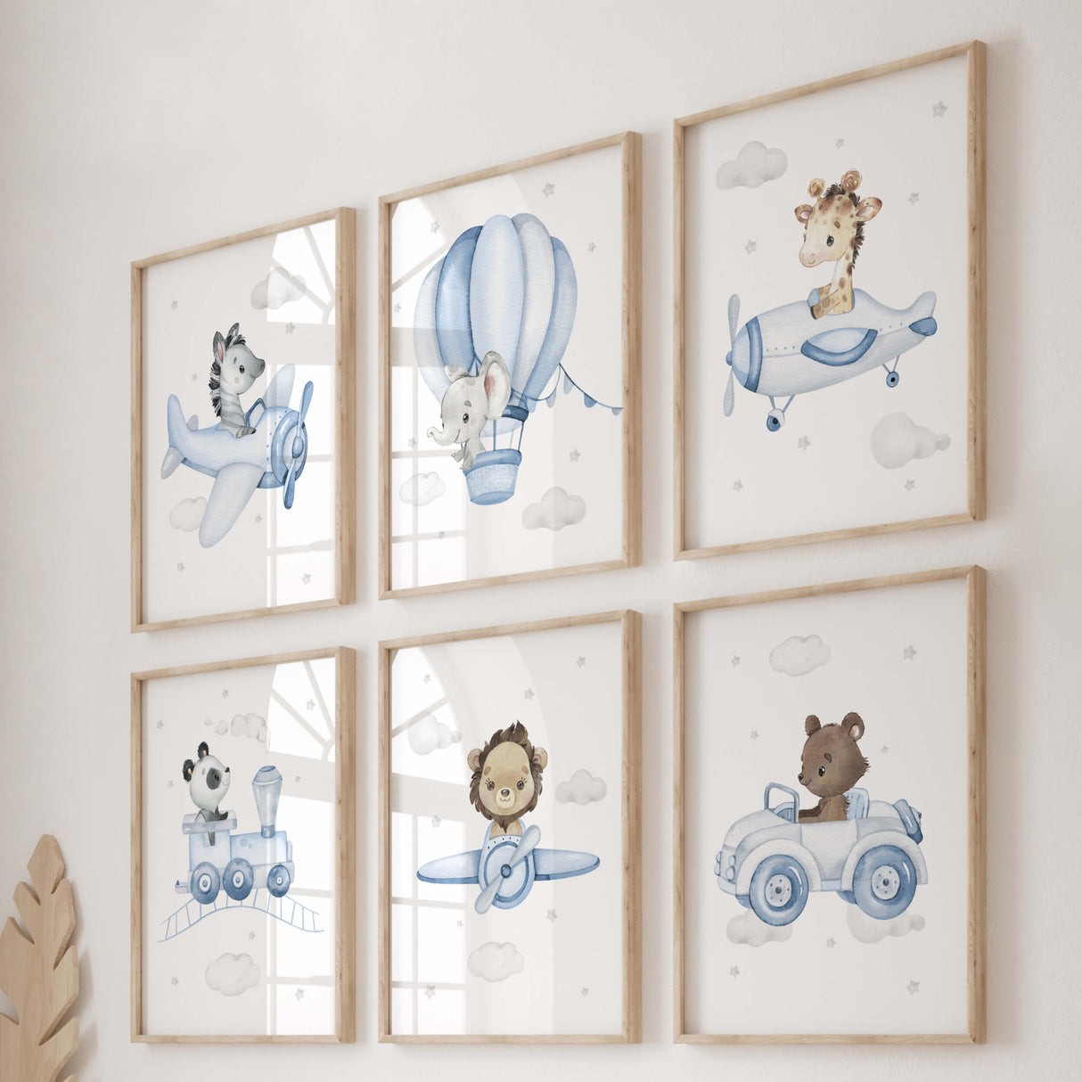 Set of 6 flying safari animals with airplane, hot air balloon, train, car print for toddler and boys room decor in blue and gray colors.