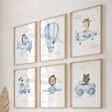 Set of 6 flying safari animals with airplane, hot air balloon, train, car print for toddler and boys room decor in blue and gray colors.