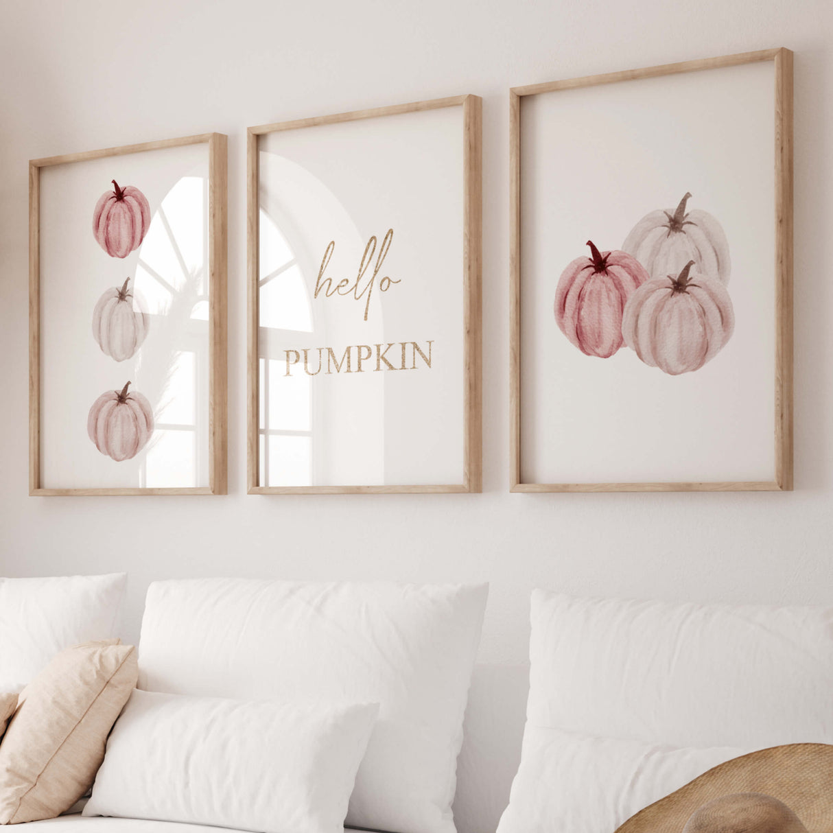 Set of 3 watercolor pink burgundy white pumpkin with gold hello pumpkin quote poster for soft pastel autumn home decor.