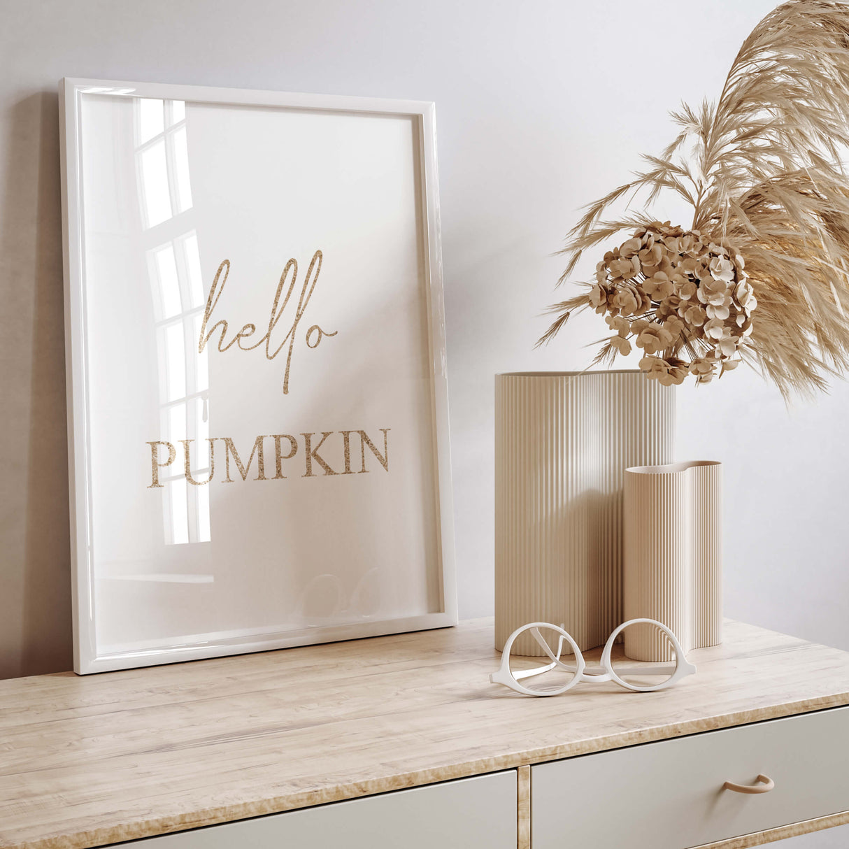 Gold Hello Pumpkin print for gold white  autumn home decor.