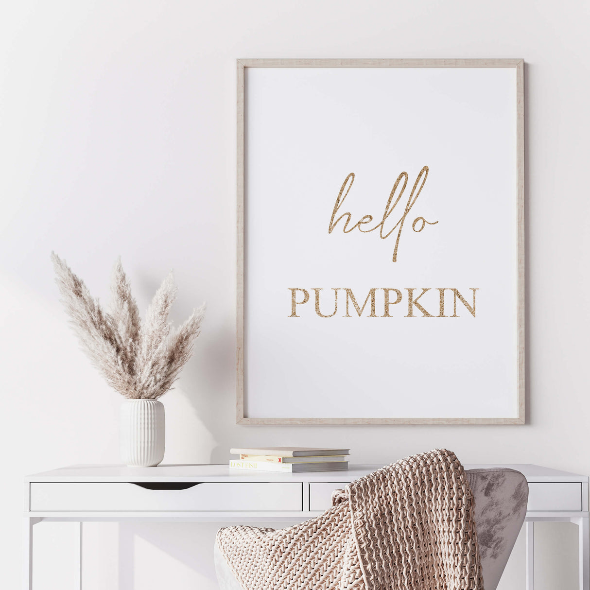 Gold Hello Pumpkin print for beige, pink autumn home decor.