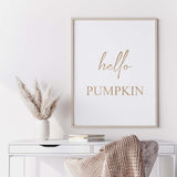 Gold Hello Pumpkin print for beige, pink autumn home decor.