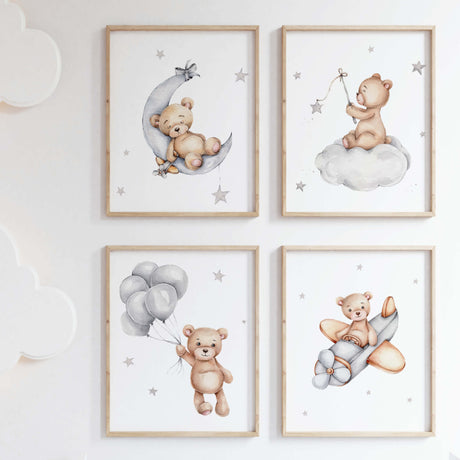 Set of 4 watercolor teddy bear print for gender neutral nursery decor and boho nursery decor.