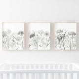 Set of 3 watercolor gray and green wildflower print for neutral home decor.