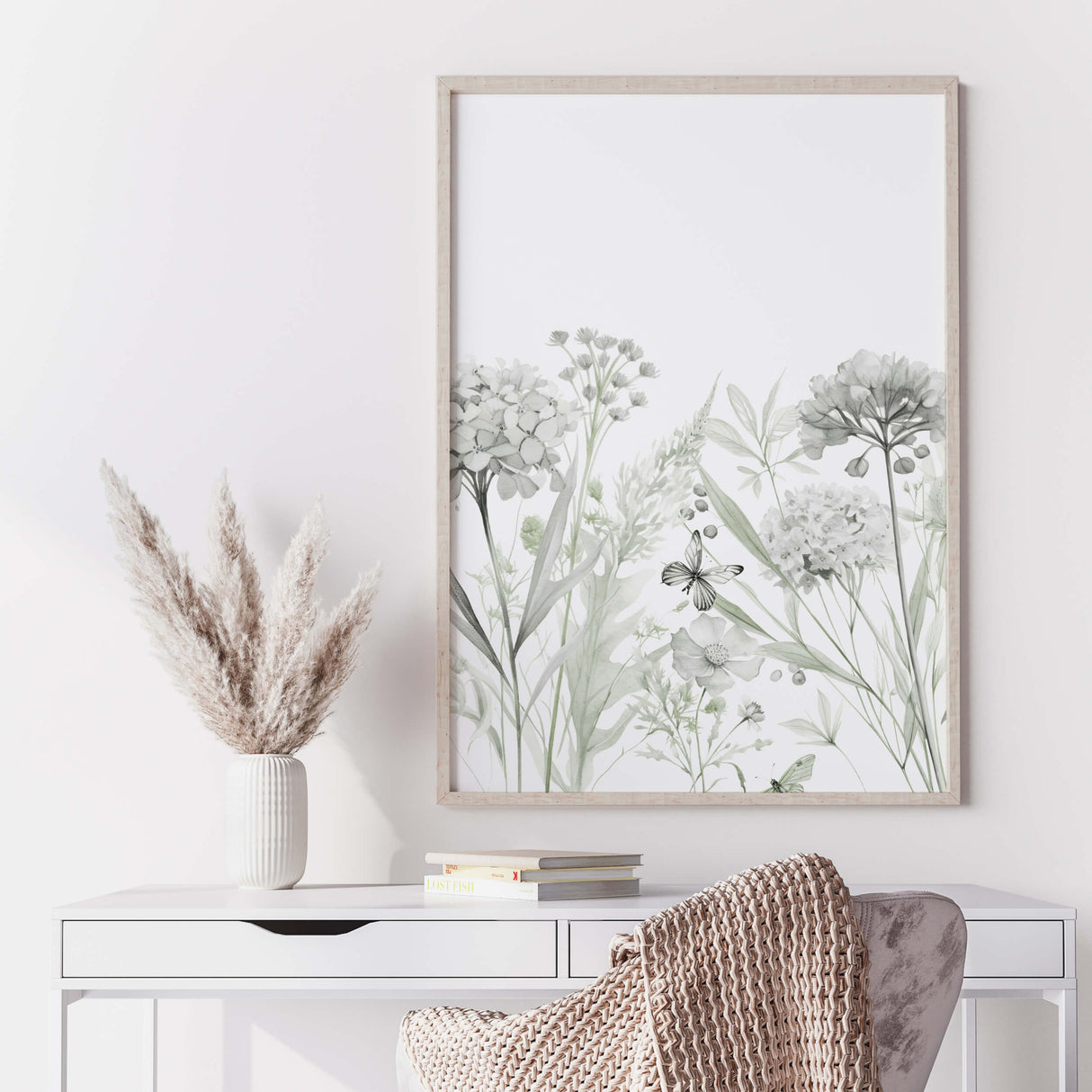 Watercolor gray and green wildflower print for neutral home decor.