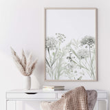 Watercolor gray and green wildflower print for neutral home decor.