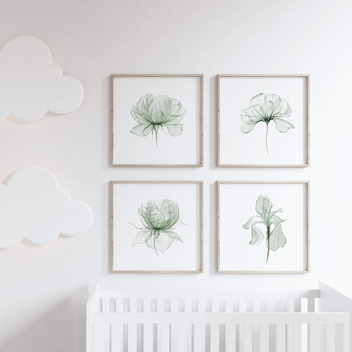 Set of 4  sage green flower with a transparent effect printable for neutral home decor.