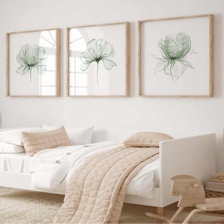 Sage green flower with a transparent effect print for neutral home decor.