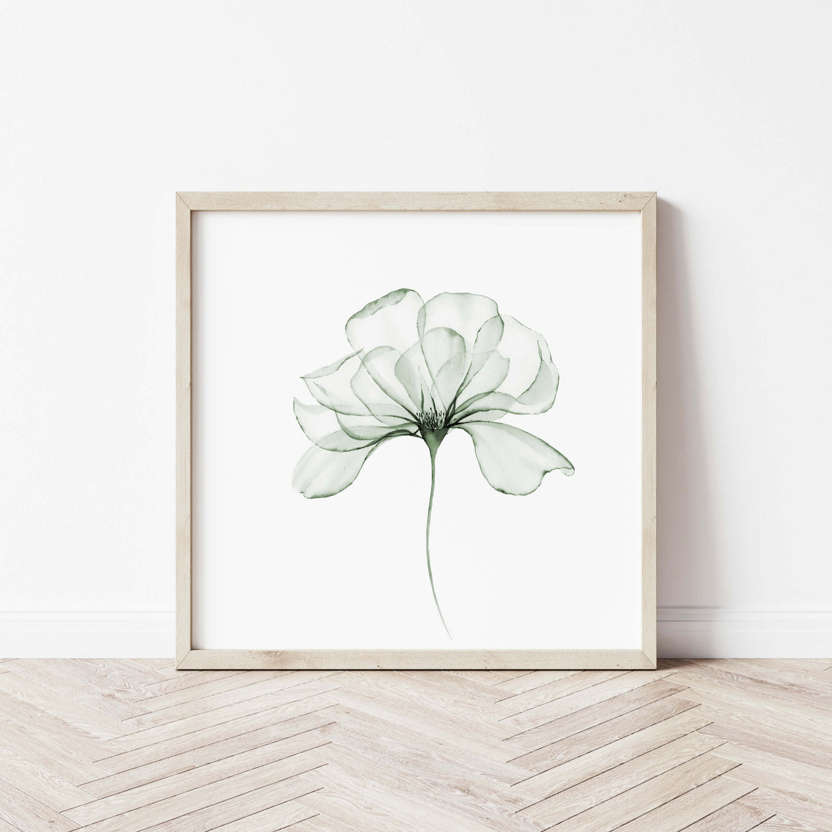 Sage green flower with a transparent effect poster for neutral home decor.