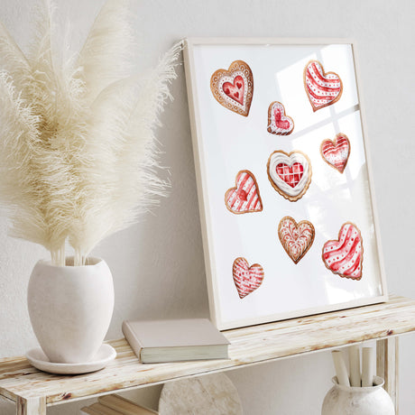 Watercolor red heart cookies, gingerbread print for Valentine's day home decor, candy home decoration, christmas home decor.