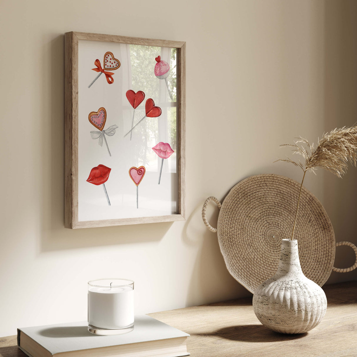 Watercolor pink and red heart and lips lollipop print for Valentine's day home decor, candy home decoration.