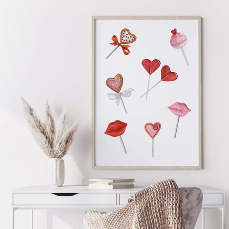 Watercolor heart and lips lollipop printable for Valentine's day home decor, candy home decoration