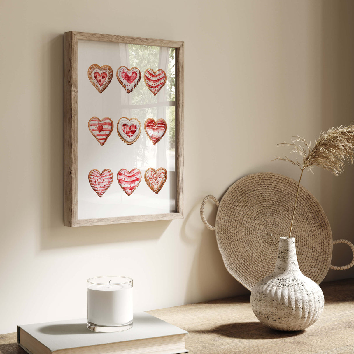 Watercolor red heart cookies, gingerbread printable for Valentine's day home decor, candy home decoration, christmas home decor.