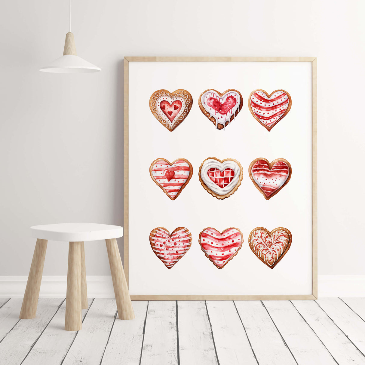 Watercolor red heart cookies, gingerbread printable for Valentine's day home decor, candy home decoration, christmas home decor.