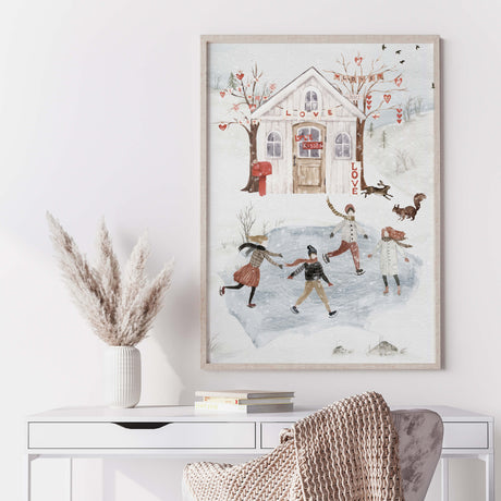 watercolor winter landscape with valentine's day house and iceskating people print for valentine day's decor, winter home decor, christmas home decor