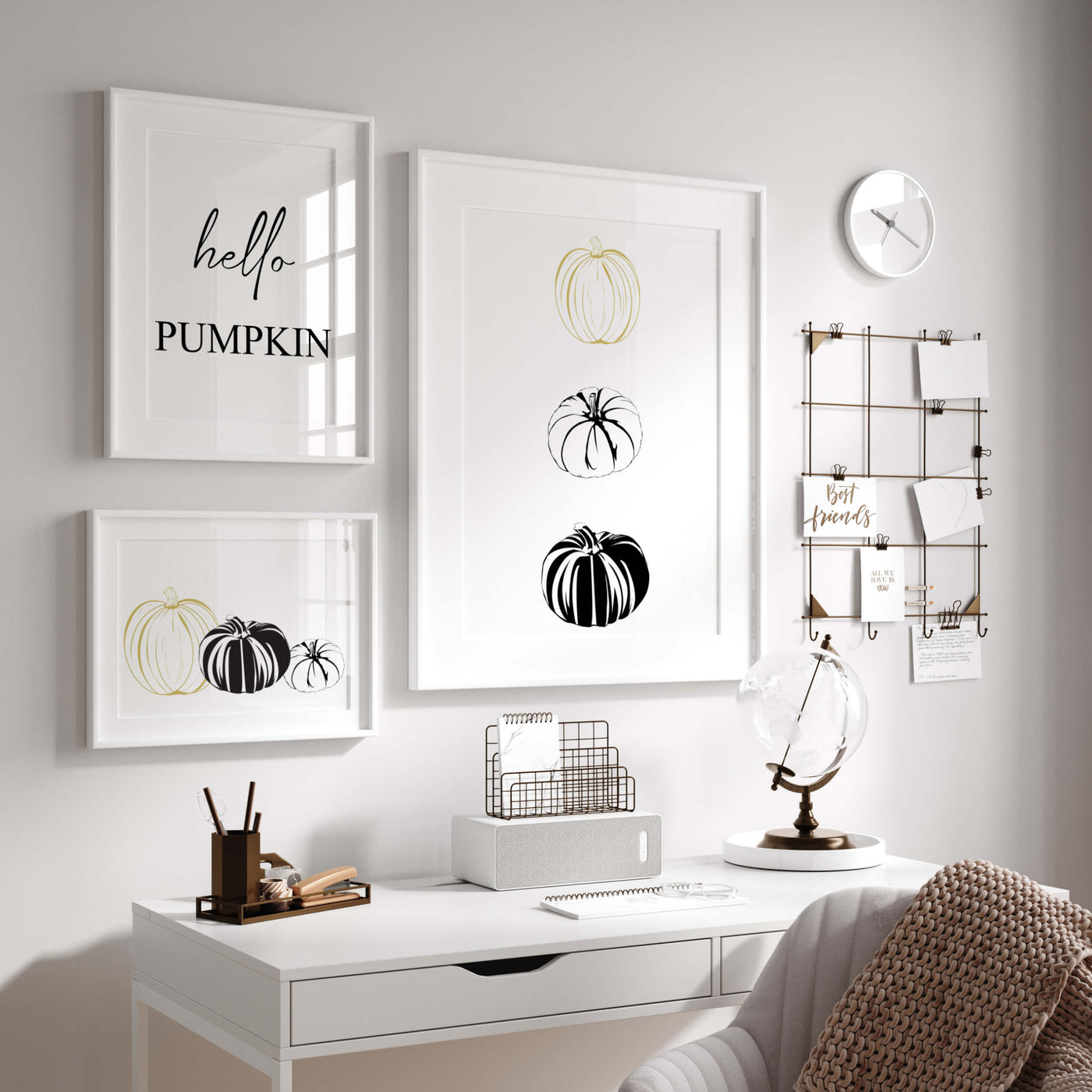 Line art pumpkin print with pumpkins and hello pumpkin quote for autumn minimalist home decor in black and white, gold.