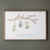 Watercolor happy easter print with easter egg tree branch and eggs for neutral easter home decor, sage green easter home decor.