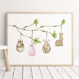 Watercolor easter poster with easter egg tree branch and eggs for neutral easter home decor.