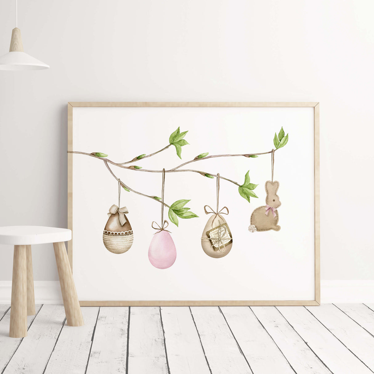 Watercolor easter print with easter egg tree branch and eggs for neutral easter home decor.