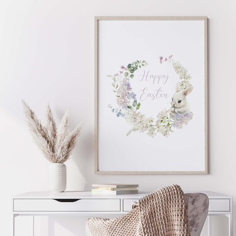 Watercolor happy easter print with wreath and bunny  for nursery easter decor, gender neutral nursery easter decor, easter hoome decor.