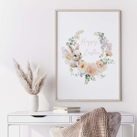 Watercolor happy easter print with flower wreath and bunny  for nursery easter decor, gender neutral nursery easter decor, easter home decor.