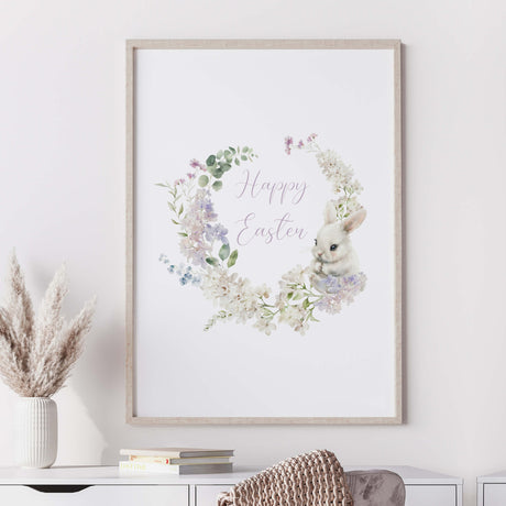 Watercolor easter wreath print with flower , bunny and happy easter quote for easter home decor.