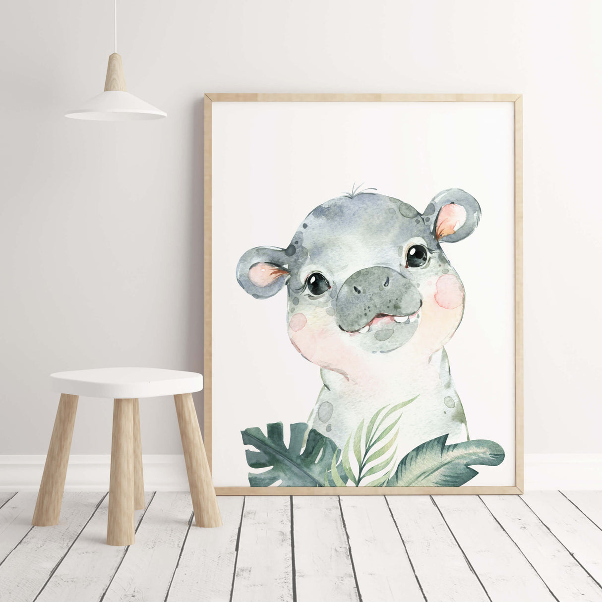 Watercolor hippo print with leaves for gender neutral nursery decor, baby boys room decor, girls room decor, boho room decor.