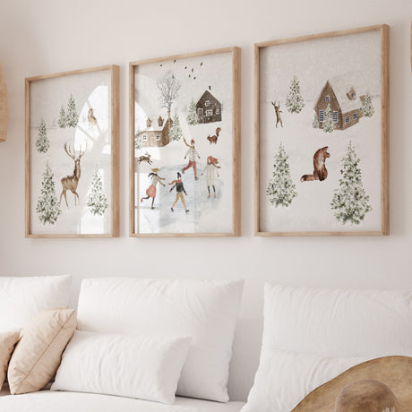 Winter landscape print with iceskating, fox, deer, houses, bunny, squirell and 
snowy landscape for christmas and winter wall decor.