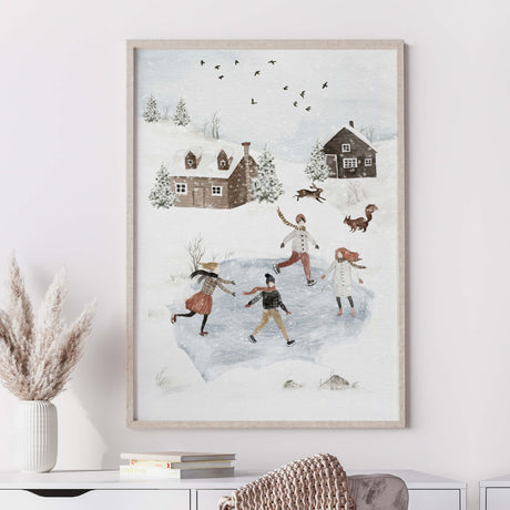 Watercolor winter landscape with iceskating, deer, winter house, squirell, pine tree for neutral christmas home decor.