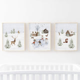 Winter landscape poster with snowy landscape, deer, houses, fox, pine tree for christmas home decor.