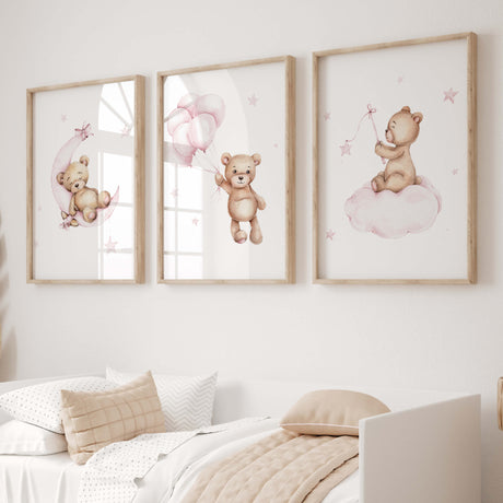 Set of 3 watercolor teddy bear print in light pink and brown colors for baby girls room decor.