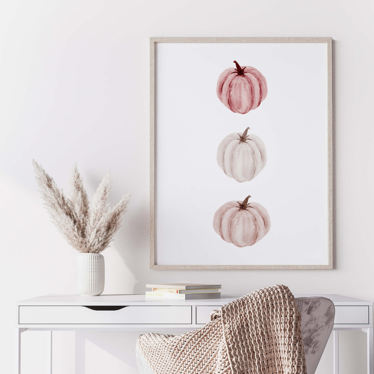 Watercolor pink burgundy white pumpkin printable for woman pink home decor.