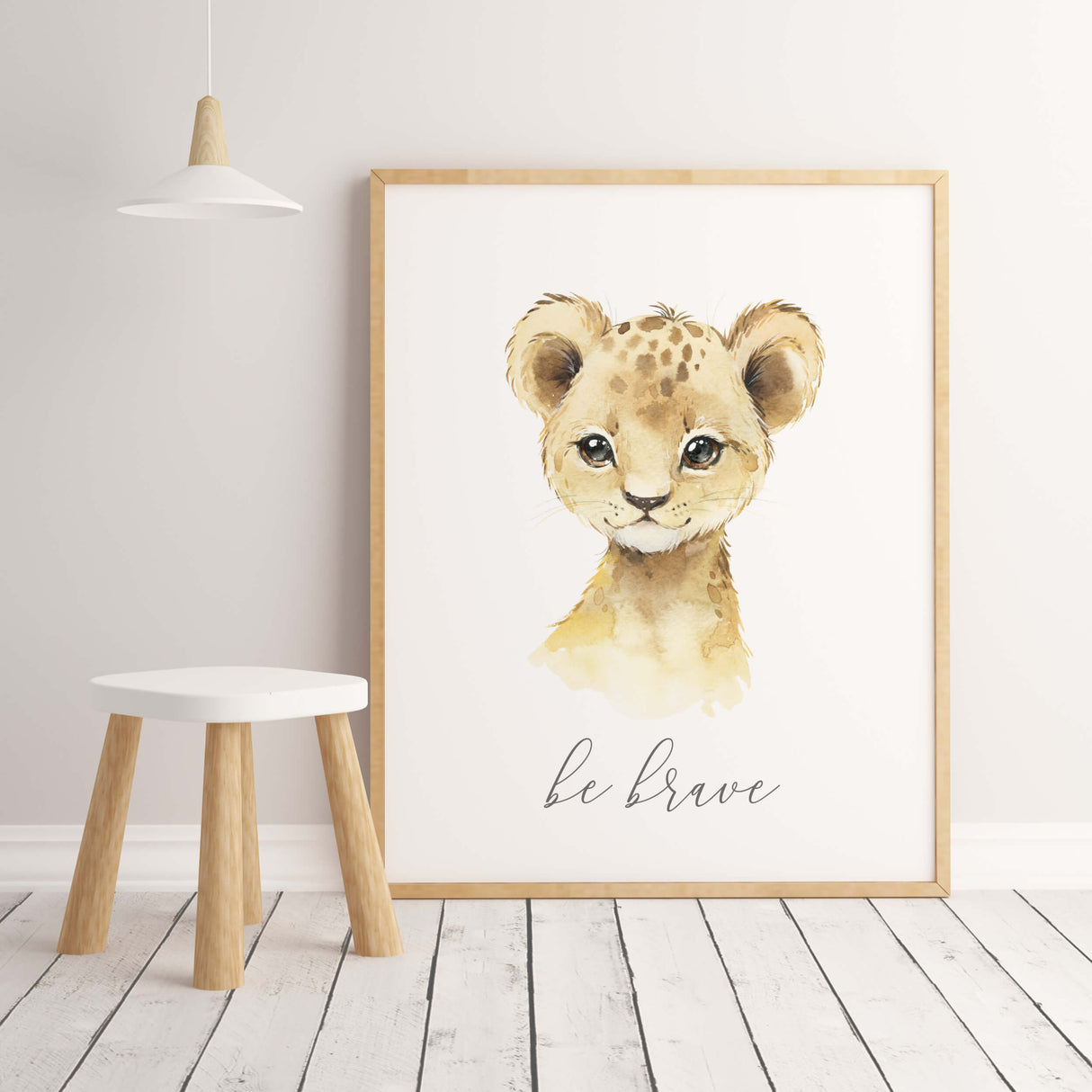 Watercolor lion print with be brave inspirational quote for gender neutral nursery decor, boho nursery decor.