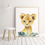 Watercolor lion print with leaves for gender neutral nursery decor, baby boys room decor, girls room decor, boho room decor.