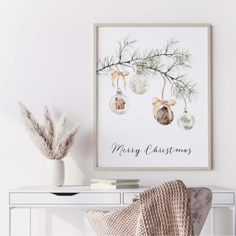 Watercolor pine branch with christmas balls and Merry Christmas quote  print in sage green, beige, brown colors for christmas neutral home decor and beige home decor.