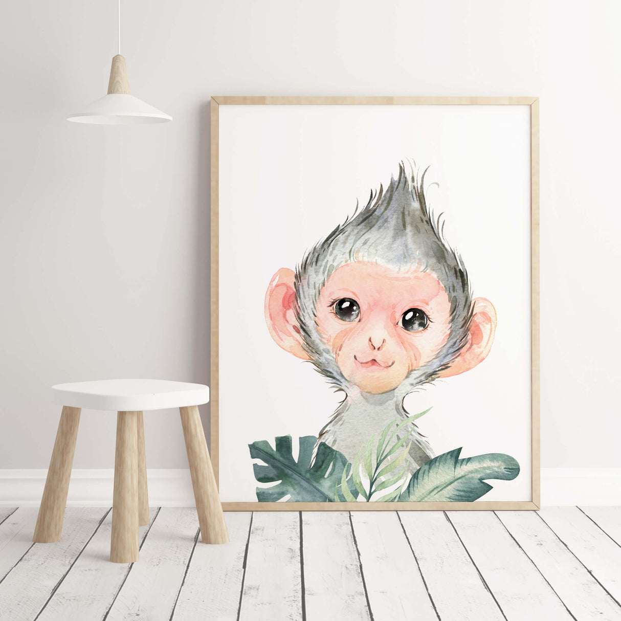 Watercolor monkey print with leaves for gender neutral nursery decor, baby boys room decor, girls room decor, boho room decor.