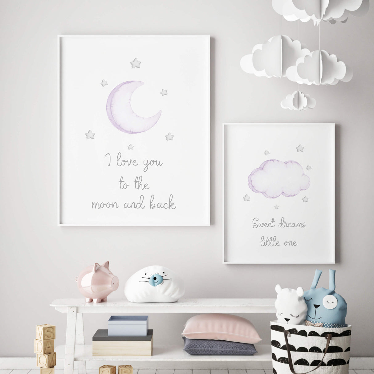 Watercolor star, cloud, moon nursery print with quote in purple, lilac and gray colors for baby girls room decor, quote: I love you to the moon and back, Twinkle twinkle little star, Sweet dreams little one