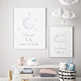 Watercolor star, cloud, moon nursery print with quote in purple, lilac and gray colors for baby girls room decor, quote: I love you to the moon and back, Twinkle twinkle little star, Sweet dreams little one