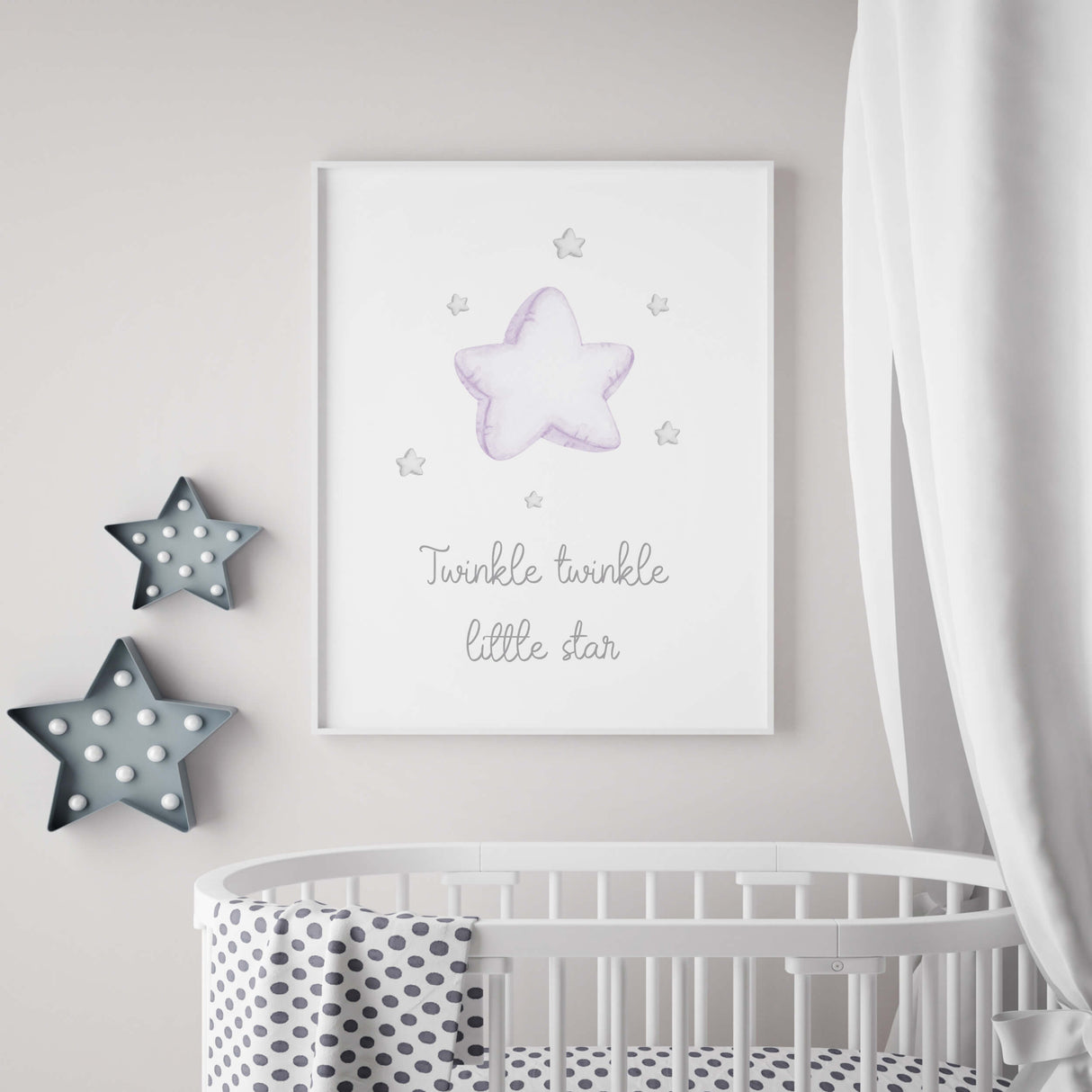 Watercolor stars nursery print with quote in purple, lilac and gray colors for baby girls room decor, quote: Twinkle twinkle little star.