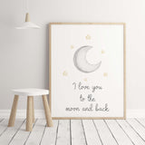 Watercolor star, moon nursery printable with quote in gray and yellow colors for gender neutral nursery decor, quote: I love you to the moon and back.