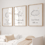 Set of 3 watercolor star, cloud, moon nursery printable with quote in gray and yellow colors for gender neutral nursery decor, quote: I love you to the moon and back, Twinkle twinkle little star, Sweet dreams little one.