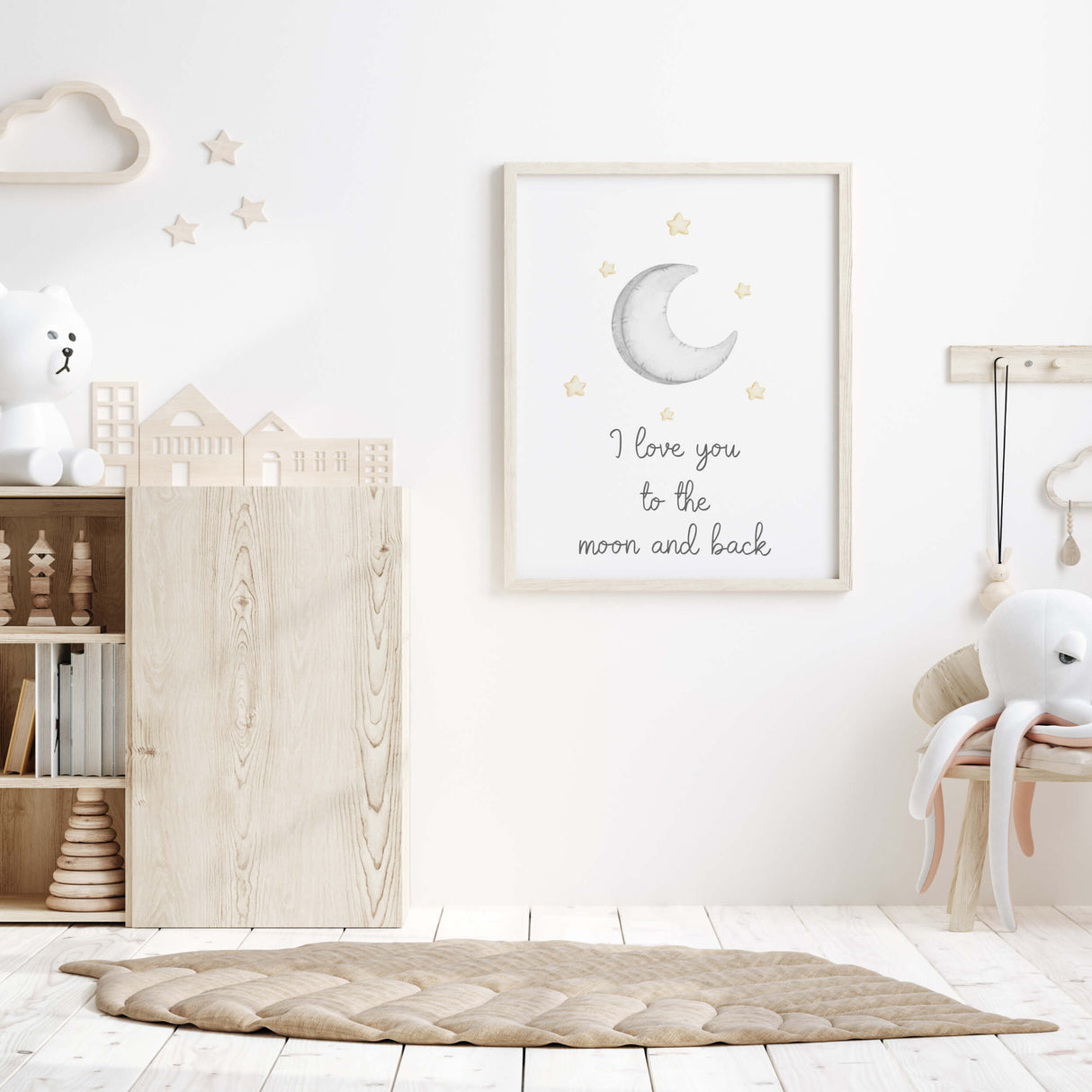 Watercolor star, moon nursery print with quote in gray and yellow colors for gender neutral nursery decor, quote: I love you to the moon and back.